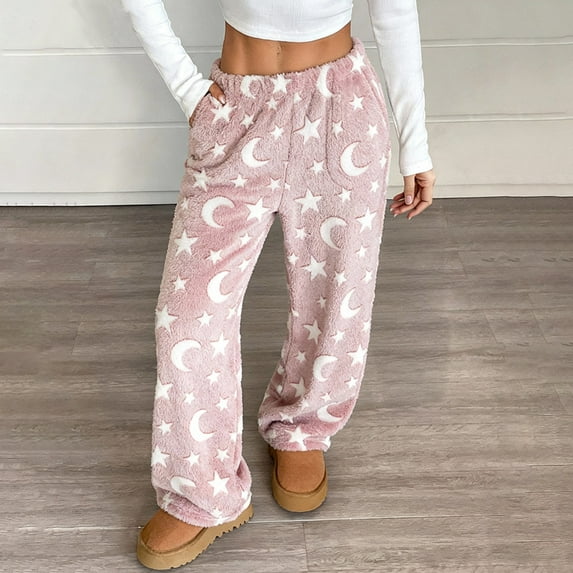 CCRFTGI Flannel pajama pants women Baggy Casual Fleece Pj Bottoms Soft Warm Star Graphic Pajama Pants Fashion Comfy Waisted Sweatpants Pink S