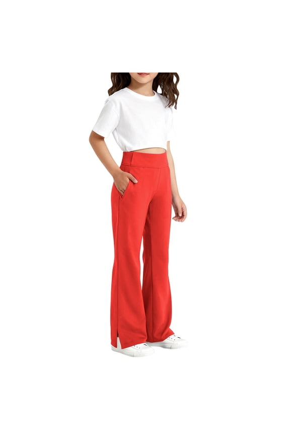 Flare Leggings for Child Girls 10-12 High Waisted Yoga Leggings Gym Bell Bottoms Stretch Dance Pants with pockets Red 5-6 Years