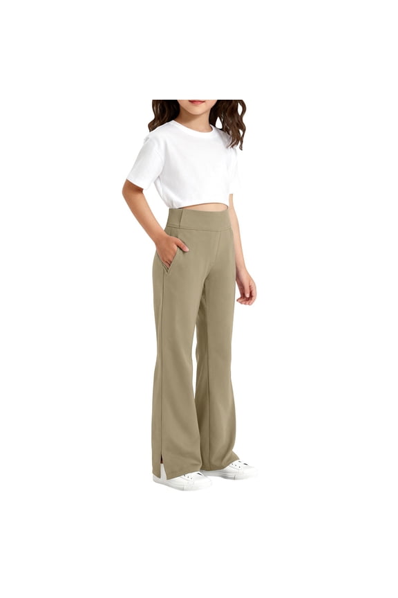Flare Leggings for Children Girls 10-12 High Waist Yoga Pants Gym Bell Bottoms Stretch Dance Pants with pockets Khaki 11-12 Years