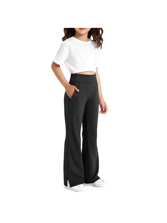 Flare Leggings for Kids Girls 10-12 High Waisted Yoga Pants Athletic Sports Bell Bottoms Stretch Dance Pants with pockets Black 12-13 Years