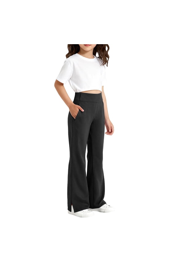Flare Leggings for Kids Girls 10-12 High Waisted Yoga Pants Athletic Sports Bell Bottoms Stretch Dance Pants with pockets Black 12-13 Years