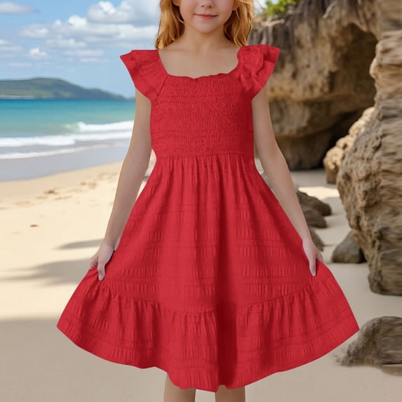 CCRFTGI Flutter Sleeve Dresses for Kids Girls 7-8 Basic Spring Summer A Line Swing Dress Square Neck Beach Holiday Girls Fashion Dresses Red 5-6 Years