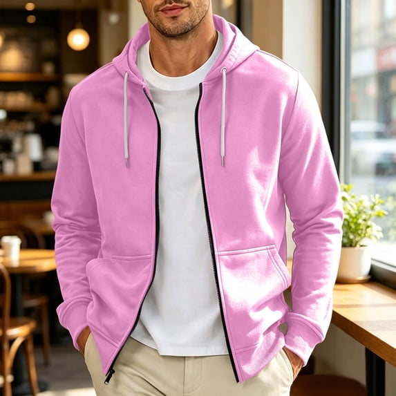 CCRFTGI Full Zip Up Mens hoodies Oversized Casual Jacket Sweatshirt Long Sleeve Fall Mens Sweatshirt Pink M