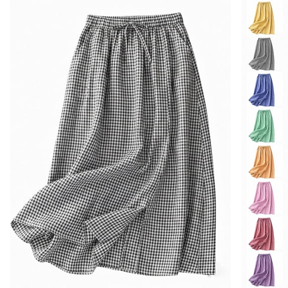 CCRFTGI Gingham Maxi Skirts for Women Dressy Casual A Line High Waist Long Plaid Skirt With Bow Summer Beach Vacation Outfits Flowy Skirts for Women Gray S