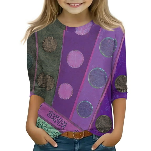 CCRFTGI Girls 12-14 Clothes Ropa Niña 3/4 Length Sleeve Tween Girls Tops Crewneck Polka Dot Printed Shirt Spring Size 12 Girls Clothes Purple 8-9 Years