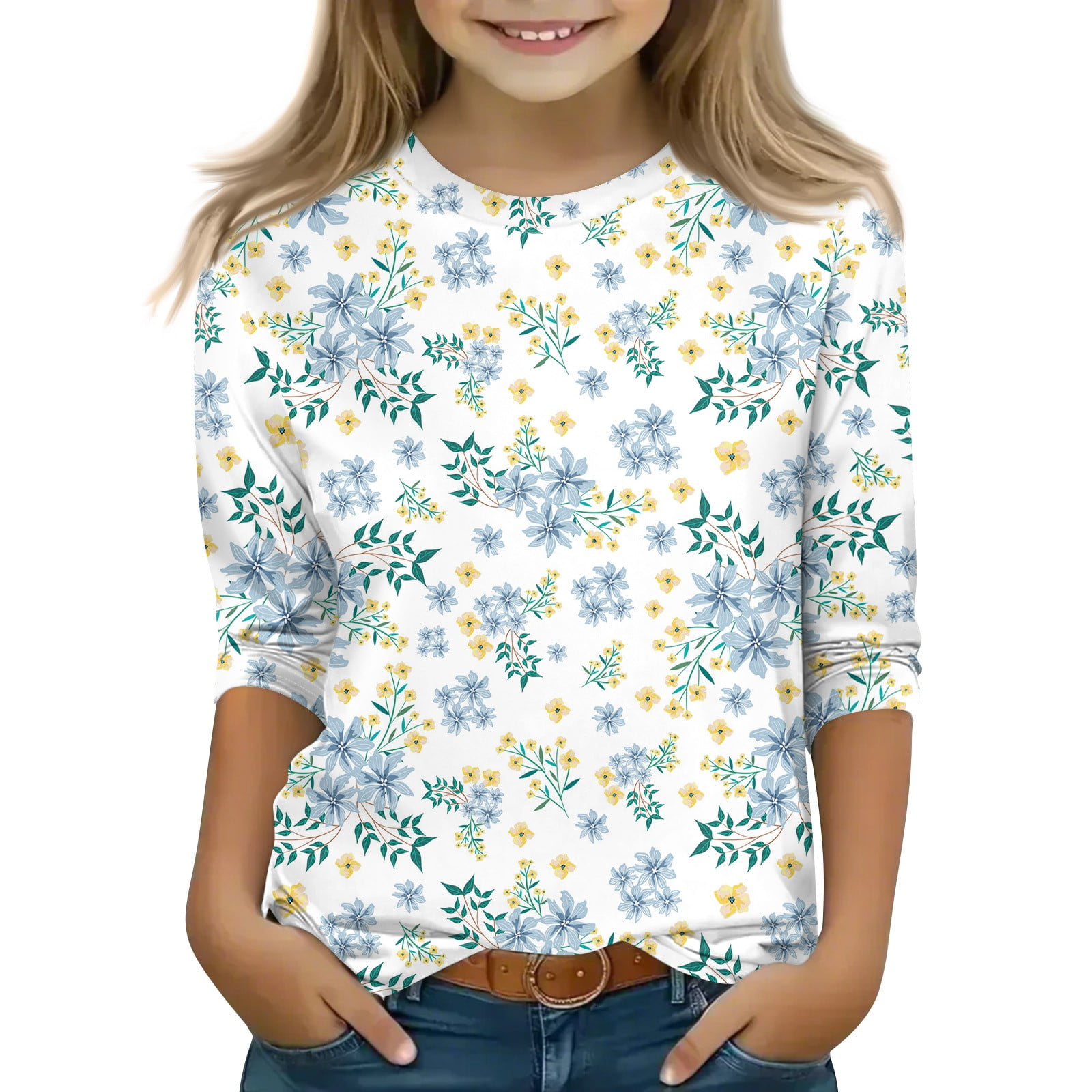 Ccrftgi Girls Tops 12-14 Ropa Nia 3/4 Sleeve Tween Girls Shirt Crew Neck Floral Graphic Shirts Spring Size 12 Girls Clothes Sky Blue 10-11 Years, image size:1600x1600