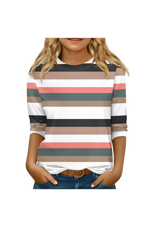 Girls 3/4 Sleeve Shirts Black Basic Shirts Trendy Size 10-12 Cute Shirt Kids Crew Neck Tshirts Girls Tops Tween Girls Striped Clothes Multicolor 10-12 Years