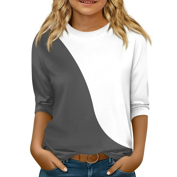 CCRFTGI Girls 3/4 Sleeve Shirts Black Basic Shirts Trendy Size 10-12 Cute Shirt Kids Crewneck Tee Shirts Girls Tops Tween Girls Color Block Clothes Gray 13-14 Years