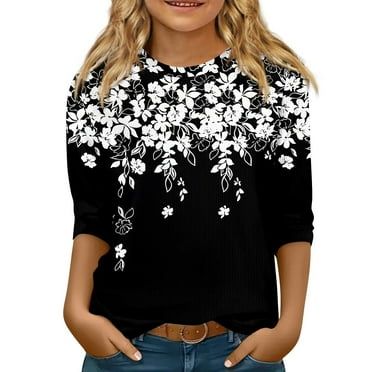CCRFTGI Girls 3/4 Sleeve Shirts Fall Cute Basic Shirts Size 9-10 Kids Crewneck Ribbed Knit Tshirts Trendy Girls Tops Tween Girls Floral Print Clothes Black 7-8 Years