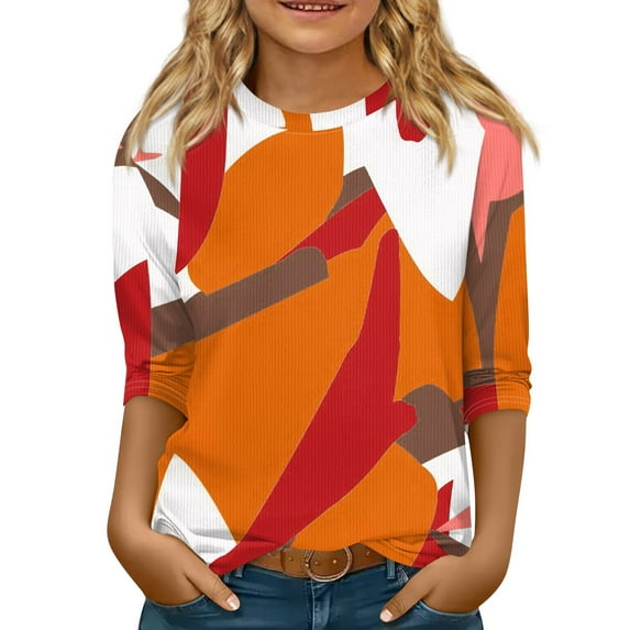 CCRFTGI Girls 3/4 Sleeve Shirts Fall Cute Girls Tops Size 14-16 Kids Crewneck Ribbed Knit Tshirt Trendy Plain Tween Girls Color Block Clothes Orange 14-16 Years