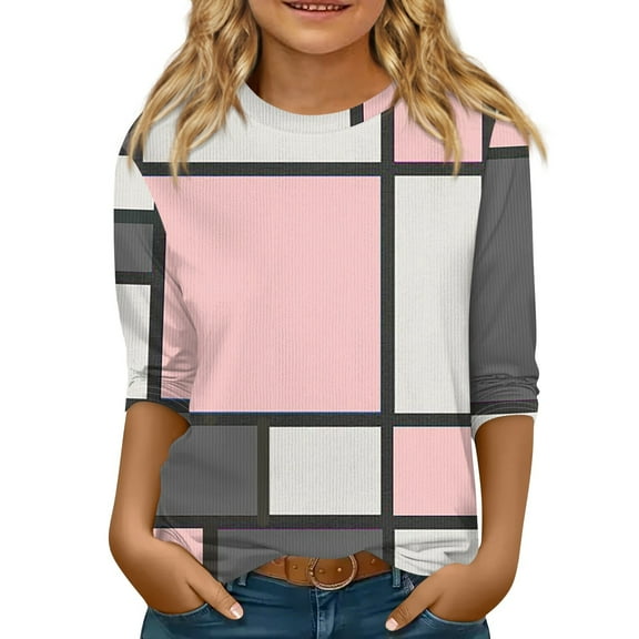 CCRFTGI Girls 3/4 Sleeve Shirts Fall Cute Pink Shirts Kids Crewneck Size 9-10 Ribbed Knit Tshirt Trendy Girls Tops Tween Girls Color Block Clothes Pink 9-10 Years