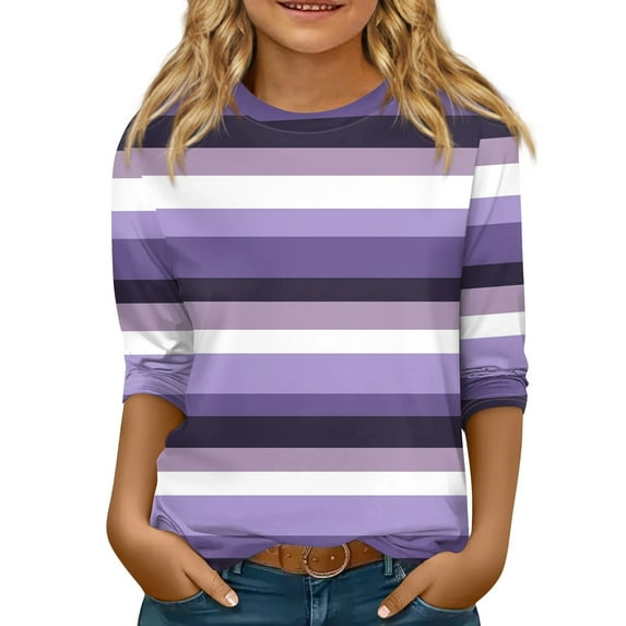 CCRFTGI Girls 3/4 Sleeve Shirts Fall Cute Plain Shirts Size 10-12 Kids Crew Neck T-shirts Trendy Girls Tops Tween Girls Striped Clothes Light Purple 10-12 Years