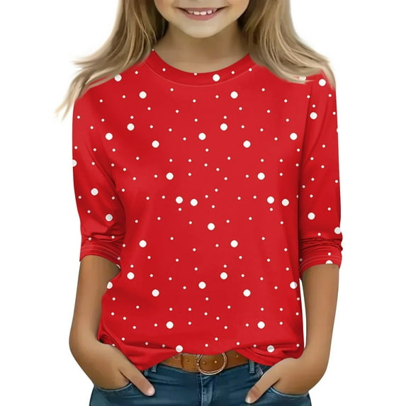 CCRFTGI Girls 3/4 Sleeve Shirts Fall Cute Shirts Size 10-12 Shirt Trendy Kids Crew Neck Tee Shirt Basic Tween Girls Polka Dot Print Clothes Red 8-9 Years