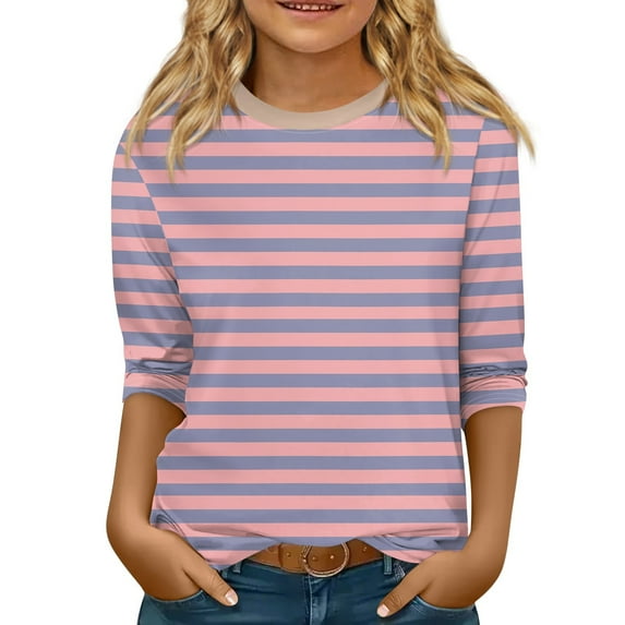 CCRFTGI Girls 3/4 Sleeve Shirts Fall Trendy Girls Tops Size 10-12 Crew Neck Tee Shirts Cute Kids Tween Girls Striped Clothes Pink 5-6 Years