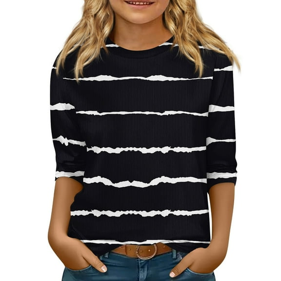 CCRFTGI Girls 3/4 Sleeve Shirts Fall Trendy Girls Tops Size 10-12 Crewneck Ribbed Knit Tshirts Cute Kids Tween Girls Striped Clothes Black 14-16 Years