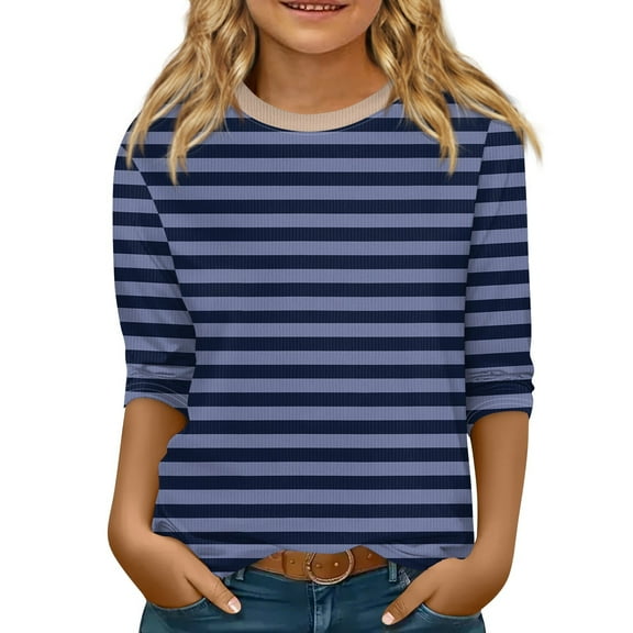 CCRFTGI Girls 3/4 Sleeve Shirts Fall Trendy Girls Tops Size 9-10 Crewneck Ribbed Knit Tshirt Cute Kids Tween Girls Striped Clothes Navy 10-12 Years