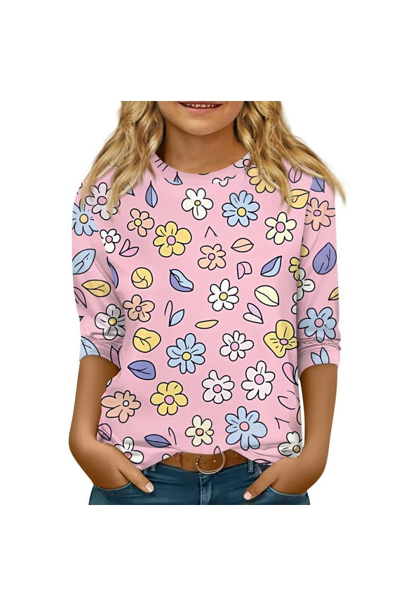 Girls 3/4 Sleeve Shirts Kids Tween Girls Casual Floral Graphics Pullover Shirts Round Neck Comfort Soft Tops Blouse Pink 4-5Years