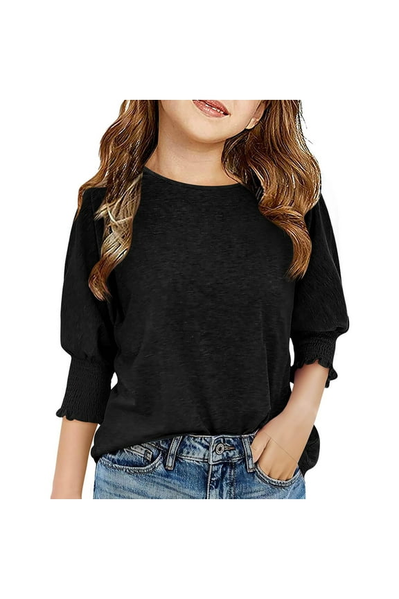 Girls 3/4 Sleeve Shirts Kids Tween Girls Casual Solid Pullover Shirts Crew Neck Soft Comfy Tops Blouse Black 5-6Years