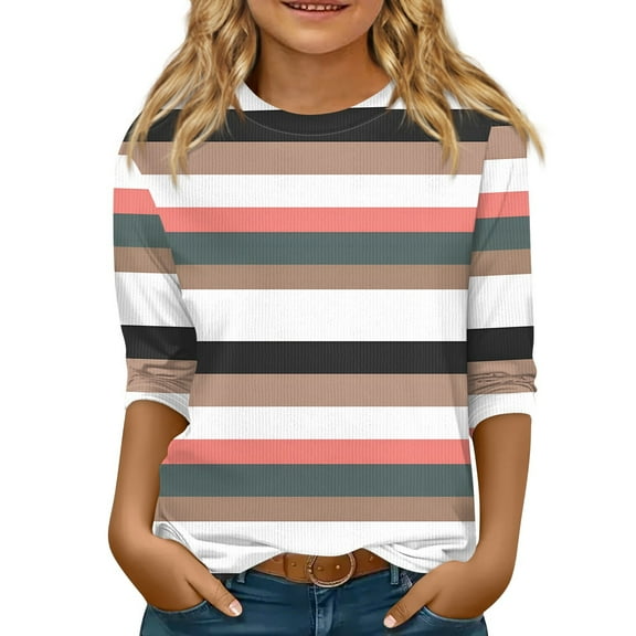 CCRFTGI Girls 3/4 Sleeve Shirts Multicolor Girls Tops Size 13-14 Fall Cute Shirt Trendy Crewneck Ribbed Knit Tshirts Kids Tween Girls Striped Clothes Multicolor 13-14 Years