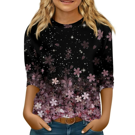 CCRFTGI Girls 3/4 Sleeve Shirts Pink Plain Shirts Trendy Size 10-12 Cute Floral Graphic Shirt Kids Crewneck Tshirts Girls Tops Tween Girls Clothes Size 14-16 Years
