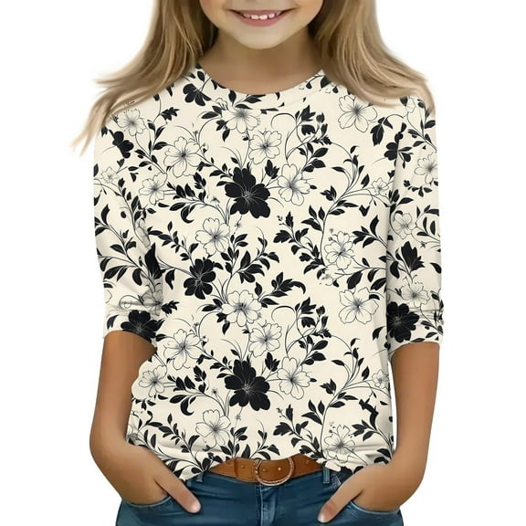 CCRFTGI Girls 3/4 Sleeve Shirts Size 10-12 Funny Floral Prints Pullover Shirts Crew Neck Comfy Soft Preppy Clothes Beige 8-9Years