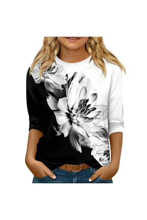 Girls 3/4 Sleeve Shirts Size 10-12 Plain Tween Girls Floral Print Clothes Kids Crewneck Cute T-shirts Trendy Fall Floral Print Outfits Dark Gray 10-12Years