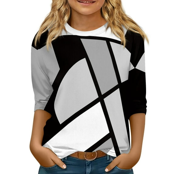 CCRFTGI Girls 3/4 Sleeve Shirts Size 5-6 Light Gray Girls Tops Tween Girls Color Block Clothes Trendy Crew Neck Cute Ribbed Knit Tshirts Kids Fall Color Block Outfits Light Gray 5-6 Years