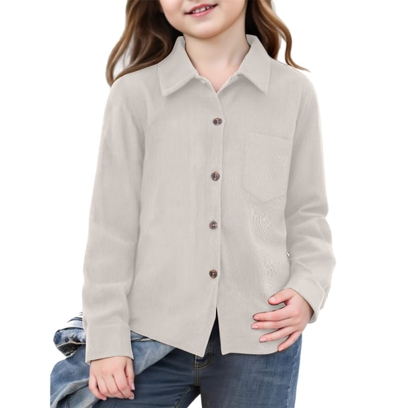 CCRFTGI Girls Boys Long Sleeve Shirts Corduroy Button Down Casual Spring Fall Shirts for Kids Fashion Cozy Size 8 Lightweight Tops with Pockets Beige 14-15 Years
