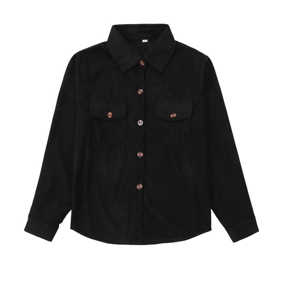 CCRFTGI Girls Boys Long Sleeve Shirts Corduroy Button Down Lapel Casual Spring Fall Shirts for Kids Fashion Cozy Size 8 Western Shacket with Pockets Black 11-12 Years