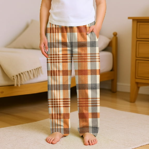 CCRFTGI Girls Boys Pajama Pants Flannel Soft 3d Plaid Print Pj Bottoms Lounge Elastic Waist Pajamas Pants Holiday 2025 Fashion Bottom Trousers Orange 12-13Years
