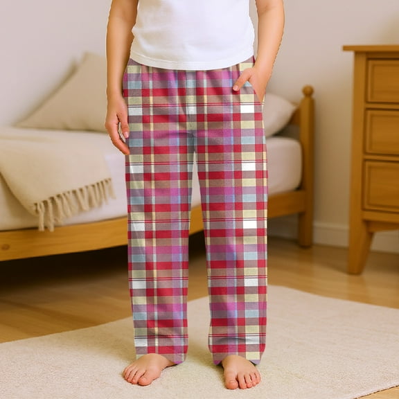 CCRFTGI Girls Boys Pajama Pants Flannel Soft Cute Plaid Print Pj Pants Loose Elastic Waist Pajamas Pants Lightweight 2025 Fashion Sleep Bottoms Hot Pink 8-9Years