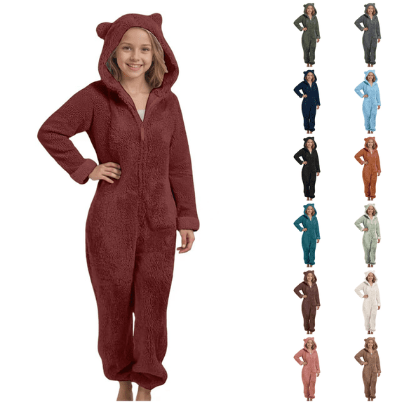 CCRFTGI Girls Boys Pajamas Onesies Zip Up Long Sleeve Hoodie Jumpsuits Soft Warm Loungewear With Pockets Wine 5-14Years