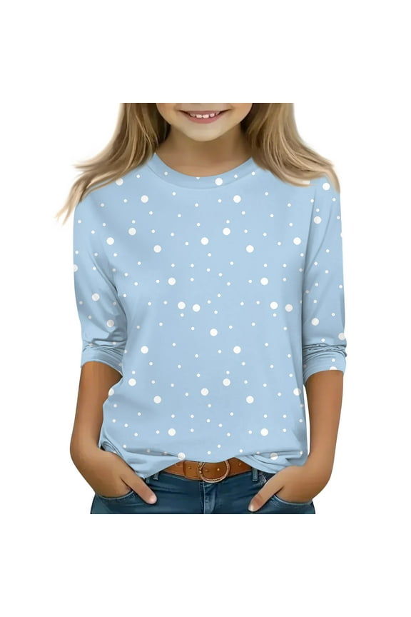 Girls Clothes 14-16 Outfits Ropa Ninas 10/12 Y Crewneck Tween Girls Shirts Polka Dot Printed 3/4 Sleeve Shirt Fall Girls 10/12 Clothes Light Blue 14-15 Years