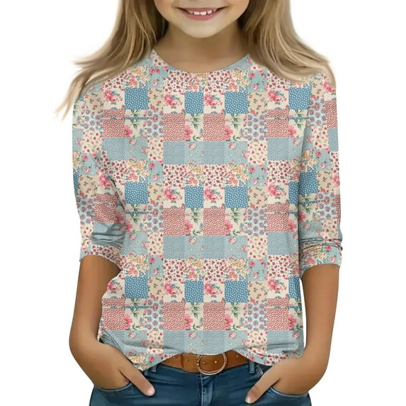CCRFTGI Tween Tops Size 10-11 Ropa Ninas 10/12 Y Crewneck Tween Girls Tops Plaid Floral Graphic 3/4 Sleeve Shirt Fall Between Girls Clothes Light pink 10-11 Years