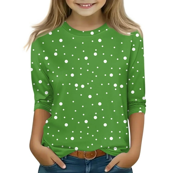 CCRFTGI Girls Clothes Size 8-9 Polka Dot Printed 3/4 Length Sleeve Tween Girls Tops Basic Crew Neck Shirts Spring Girls Size 14/16 Clothes Green 8-9 Years