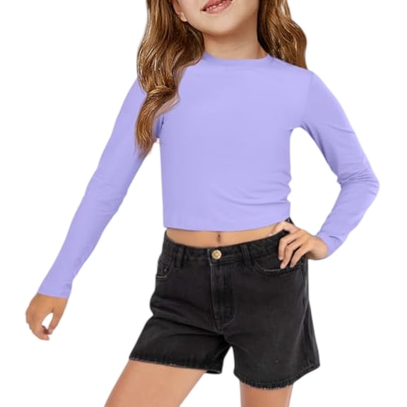 CCRFTGI Girls Crop Tops Size 10-12 Crew Neck Soft Slim Fit Shirts Fashion Teen Girls Tops Clothes Casual Basic Tops Blouse Tee Light Purple 11-12Y