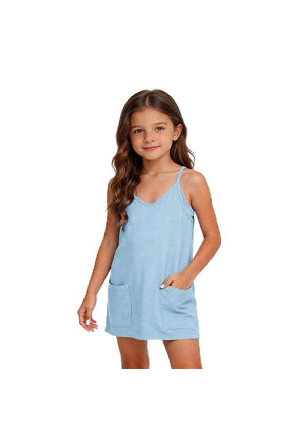 Girls Dress with Shorts Size 7 Casual Summer Spaghetti Straps V Neck One Piece Tennis Girls Clothes Romper Dresses with Pockets for Kids 5-15 Year Light Blue 11-12 Years