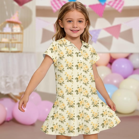 CCRFTGI Girls Dresses Polo Dress Size 10-12 Back To School School Uniform Casual Floral Print Pleated Flare Skater Polo Dresses Summer Button-Down Collar Picque Polo Dress Yellow 7-8 Years