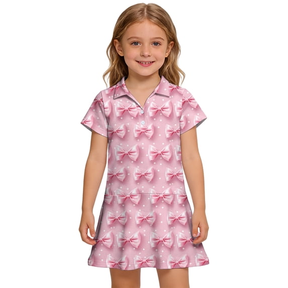 CCRFTGI Girls Dresses Polo Dress Size 10-12 School Uniform Casual Bowknot Print Pleated Flare Skater Polo Dresses Back To School Summer Button Collared Pique Polo Dress Light pink 3-4 Years