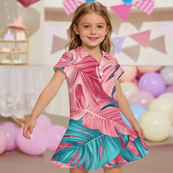 CCRFTGI Girls Dresses Polo Dress Size 10-12 Short Sleeve School Uniform Casual Hawaiian Tropic Pleated Flare Skater Polo Dresses Summer Button Collared Picque Polo Dress Watermelon Red 7-8 Years