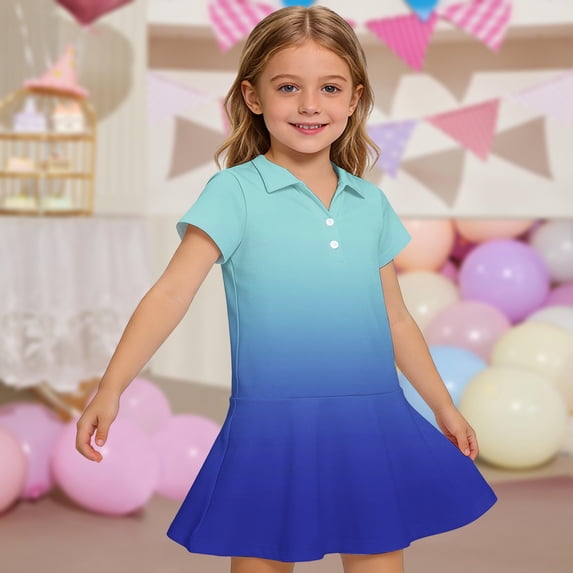 CCRFTGI Girls Dresses Polo Dress Size 6-7 Back To School Short Sleeve Uniform Casual Gradient Pleated Flare Skater Polo Dresses Summer Button-Down Collar Pique Polo Dress Blue 12-13 Years