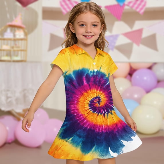 CCRFTGI Girls Dresses Polo Dress Size 7-8 Short Sleeve Uniform Casual Tie Dye Pleated Flare Skater Polo Dresses Back To School Summer Button Collared Picque Polo Dress Orange 3-4 Years