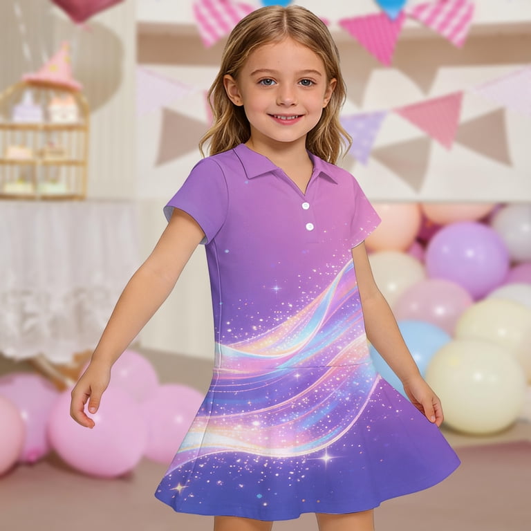 CCRFTGI Girls Dresses Polo Dress Size 7 Back To School Short Sleeve School Uniform Cute Rainbow Pleated Flare Skater Polo Dresses Summer Button-Down Collar Pique Polo Dress Purple 5-6 Years