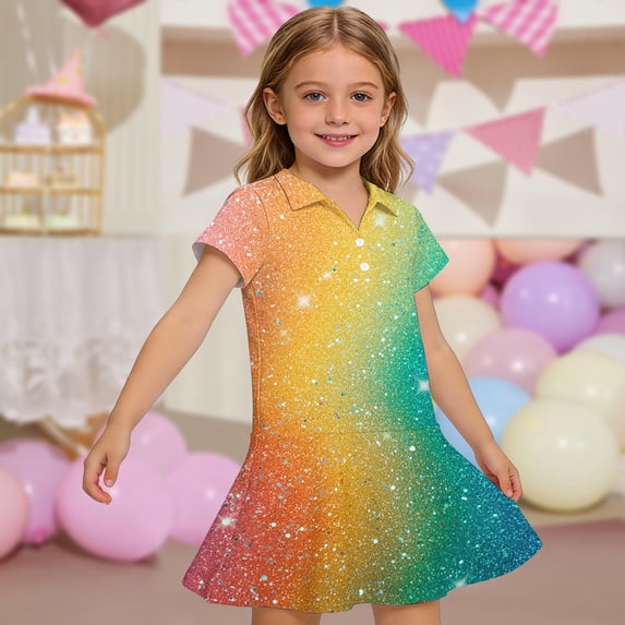 CCRFTGI Girls Dresses Polo Dress Size 8 Short Sleeve School Uniform Casual Sequins Print Pleated Flare Skater Polo Dresses Summer Button Collared Pique Polo Dress Yellow 9-10 Years