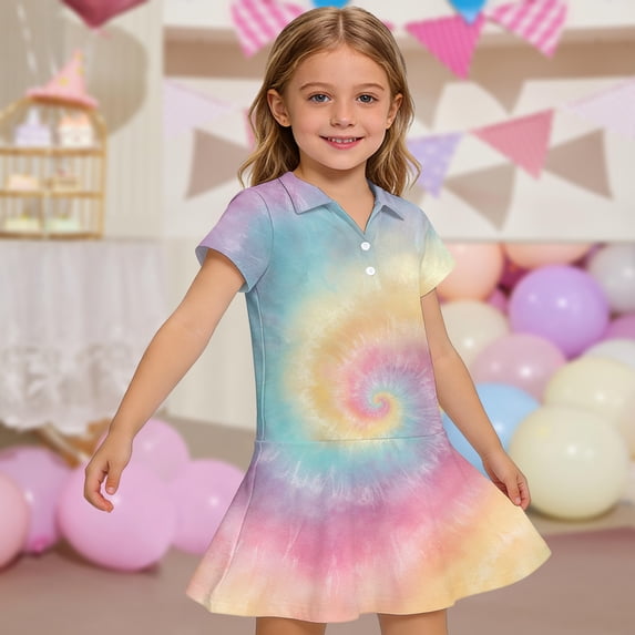 CCRFTGI Girls Dresses Polo Dress Size 8 Short Sleeve Uniform Cute Tie Dye Pleated Flare Skater Polo Dresses Summer Button-Down Collar Picque Polo Dress Saffron 5-6 Years