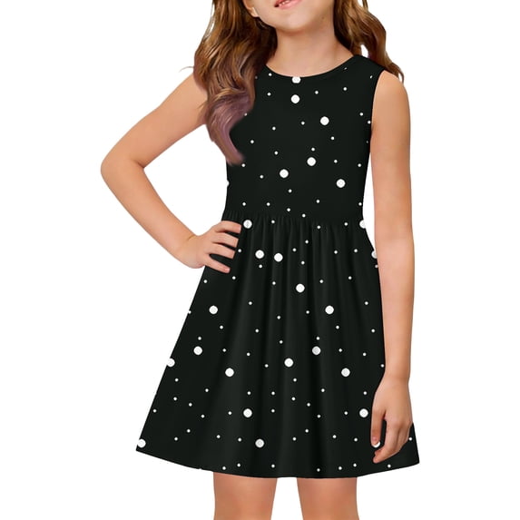 CCRFTGI Girls Dresses Size 10-12 A-Line Black Polka Dots Dress Birthday Wedding Sleeveless Girls Dresses 2026 Summer Stylish Casual Beach Fancy Dresses Black 2-3 Years