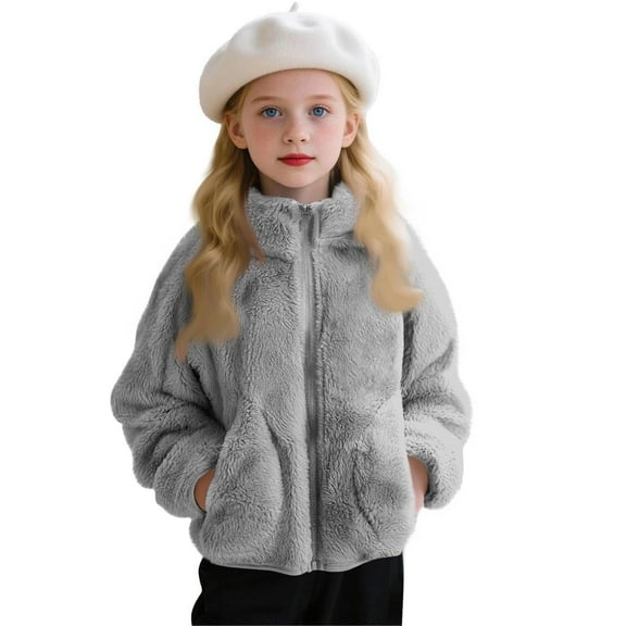 CCRFTGI Girls Fall Jacket Fleece Sherpa Full-Zip Outwear Coat Warm Fall Winter Jacket Teddy Hoodie Sweatshirt with Pockets Gray 11-12Y
