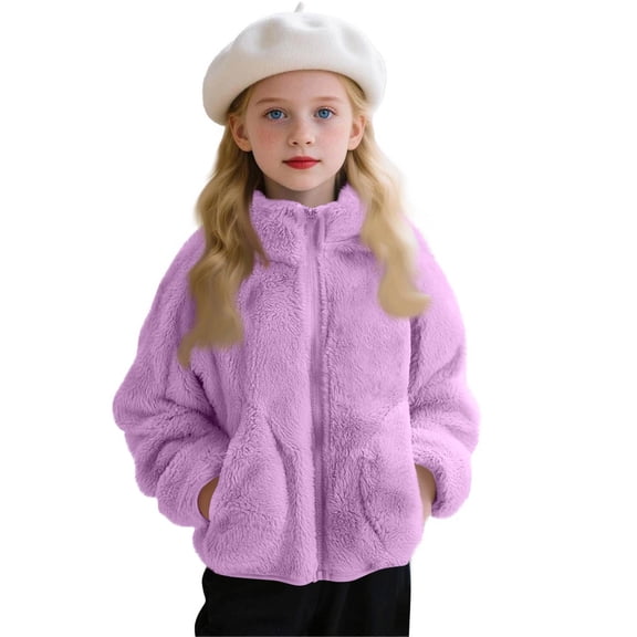 CCRFTGI Girls Fall Jacket Fleece Sherpa Zip Up Outwear Coat Warm Fall Winter Coat Teddy Coat Hooded with Pockets Purple 7-8Y