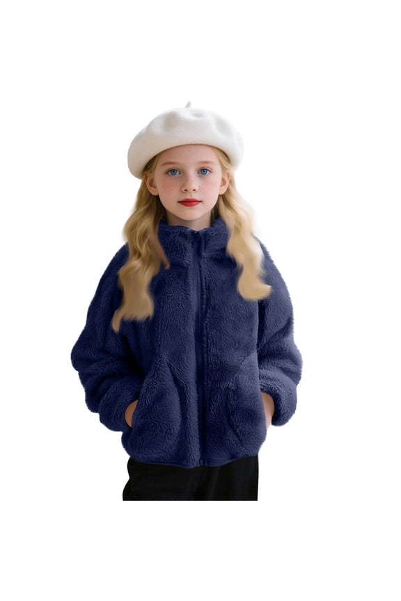 Girls Fleece Jacket Fuzzy Zip Up Outwear Coat Warm Fall Winter Coat Teddy Coat Hooded with Pockets Navy 7-8Y