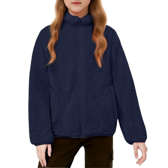 CCRFTGI Girls Fleece Jacket Sherpa Full Zip Outwear Coat Warm Fall Winter Jacket Teddy Coat Hooded with Pockets Navy 5-6Y